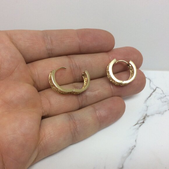 14K YELLOW REAL GOLD Hoop Huggies CLIP ON Filigree Earrings 4.10gr - Picture 5 of 7